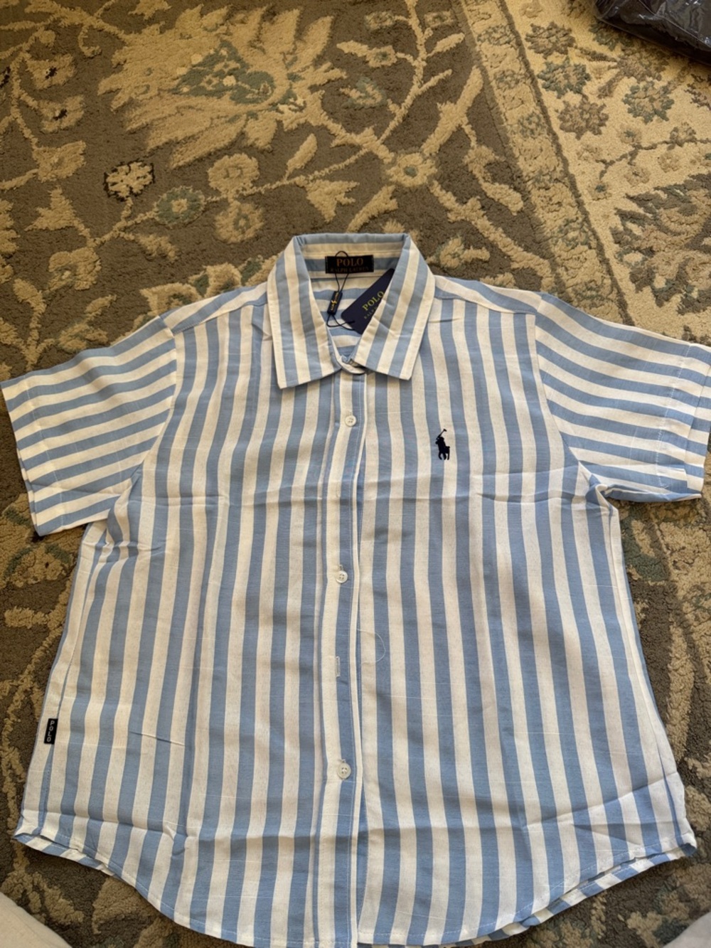 Polo by Ralph Lauren Light Blue and White Vertical Stripe Short Sleeve Shirt